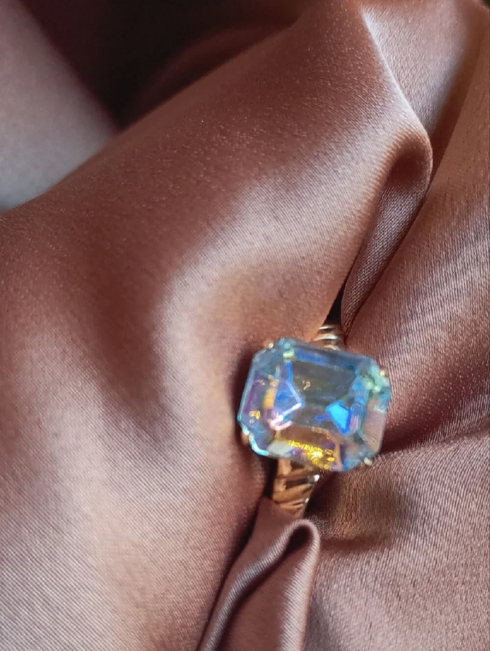 Gold-Tone Ring with Iridescent Square Crystal - Women Jewelry